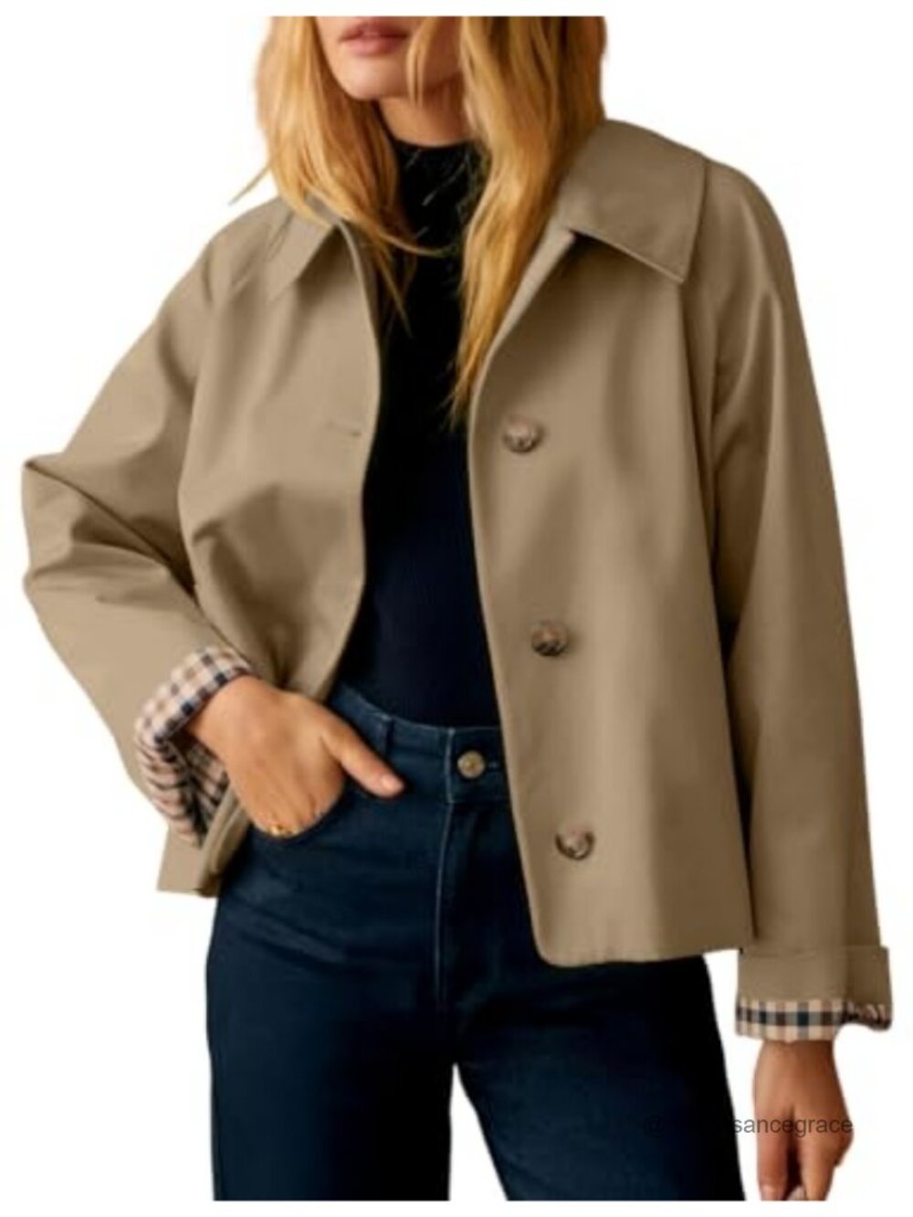 Cropped Trench Coat Button Down Plaid Lined Casual Fall Jacket